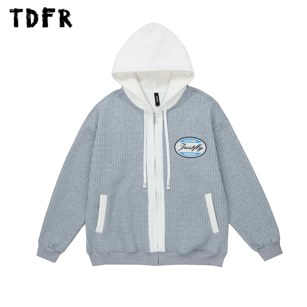 

Waffle Texture Hooded Jacket Mens Autumn Winter Contrast Paneled Letter Embroidery Casual Loose Long Sleeve Outerwear Men