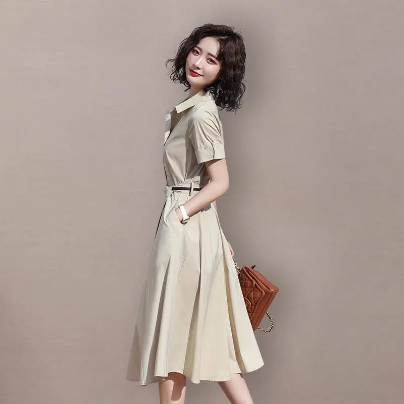 

New Summer Style Women Dress Short Sleeve Tatting Solid Color Self-cultivation Belt Casual Fashion Houthion