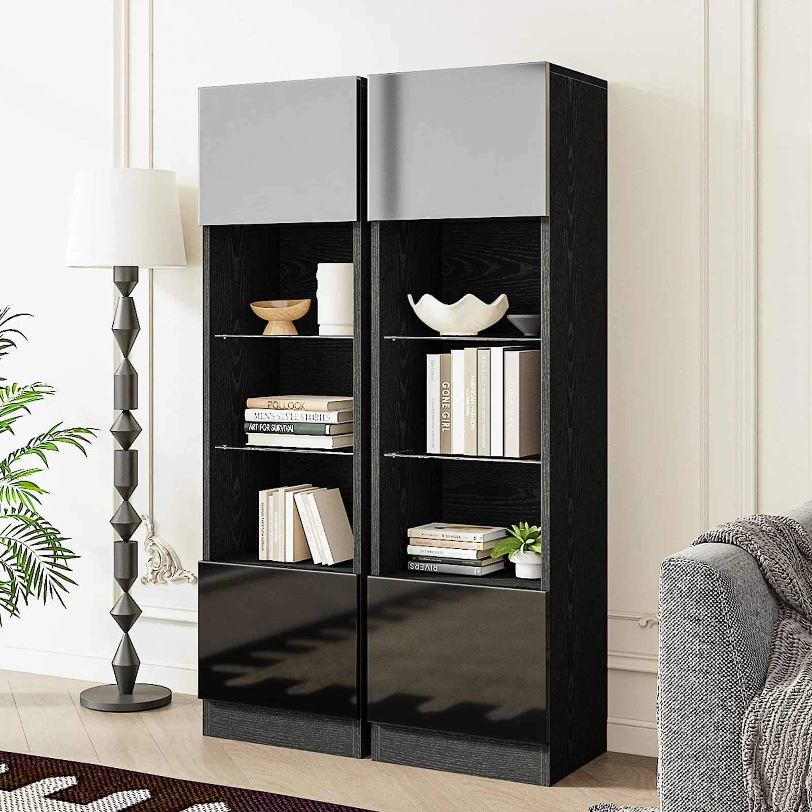 Фото # Modernes 2-Schrank-Bücherregal Verstellbares Glas regal Hochglanz-Bücherregal aus Holz Wohnzimmer Langlebige Bibliotheks №2