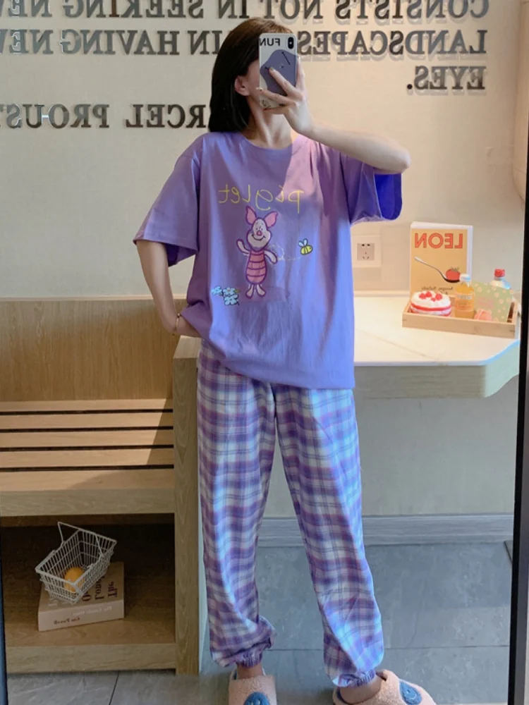 Disney Piglet Cute Pajamas Set Women Summer Thin Section Short-sleeved Sleepwear Suit Ladies Home Service 2 Piece Set Pajama