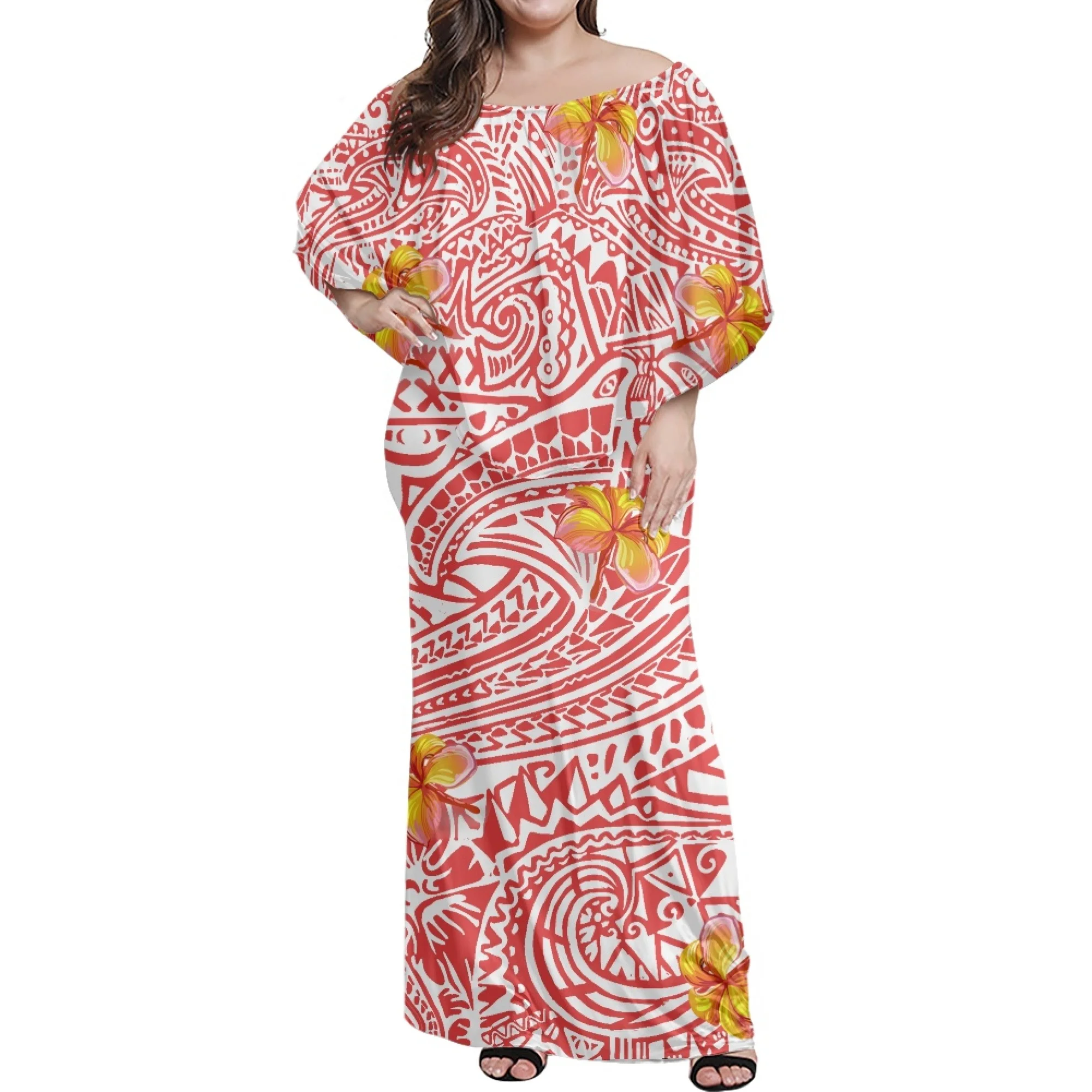 

Polynesian Traditional Tribal Tattoo Print Ladies Dress Long Skirt Winter Suit Loose Frill Women Evening Off Shoulder Dress