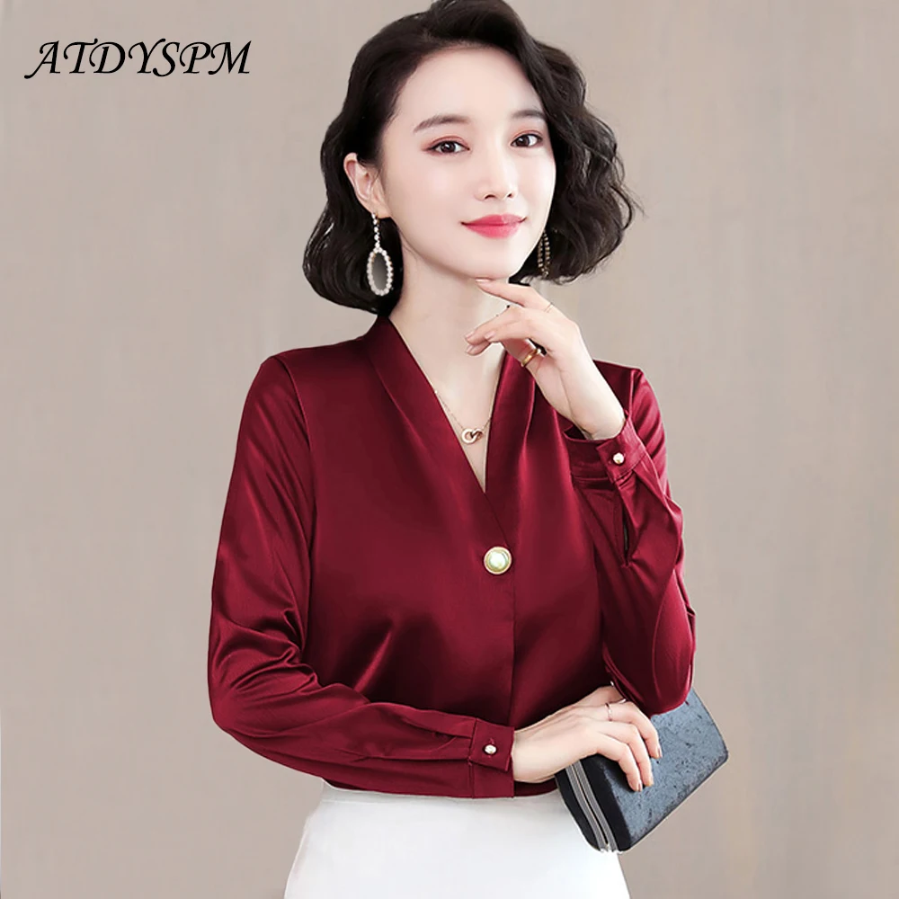 Блузка Женская атласная с длинным рукавом и V-образным вырезом | одежда