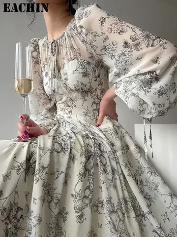 EACHIN Women Fashion Floral Print Long Dress Beach Sundress 2023 Summer New Female Long Sleeve Evening Party Club Dress Clothes