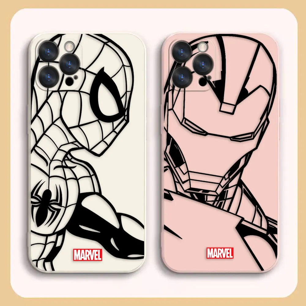 

Case For iPhone 14 13 12 11 Pro XS Max Mini X XR 7 8 6 6S Plus Colour Simple Liquid Silicone Case Marvel Line Iron Man Spiderman