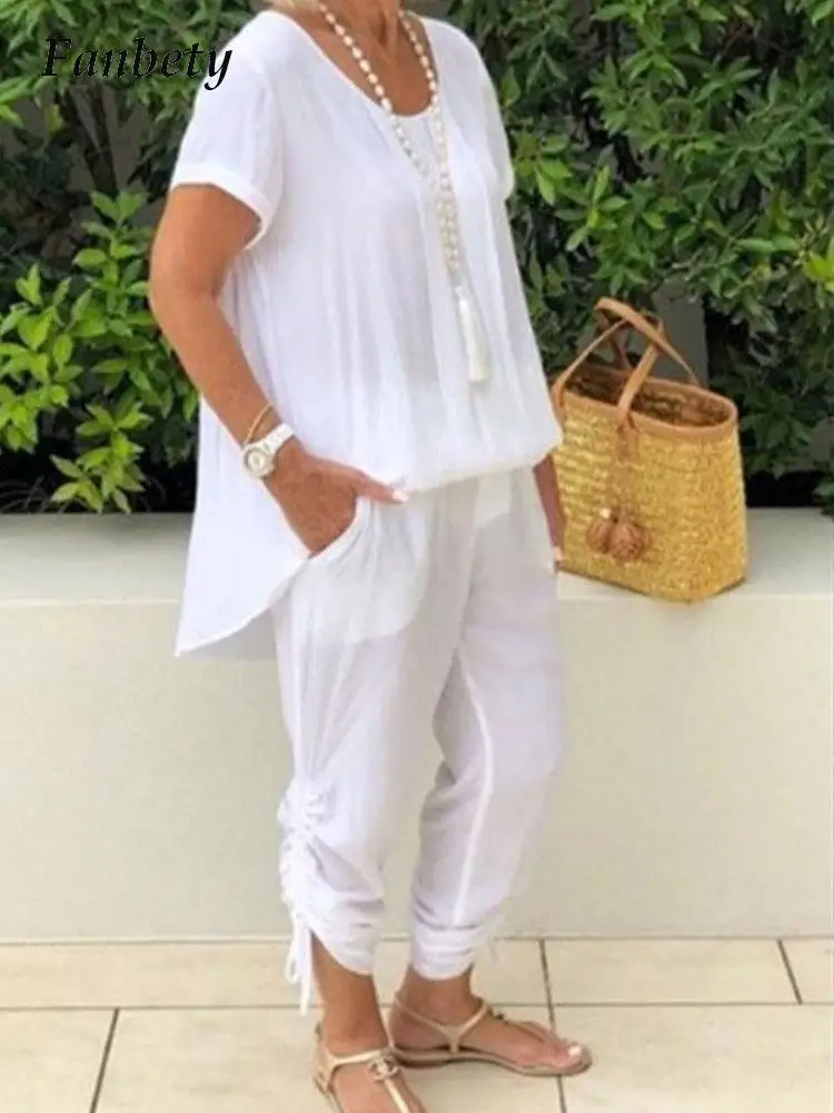 

Spring Summer New Comfortable Breathable Women O-Neck Short Sleeve Tops + Pocket Drawstring Pencil Pants Trousers Suits 2pcs Set