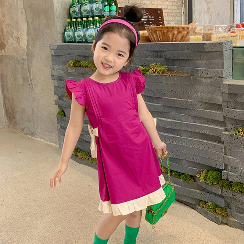 

Minimalist Purple Princess Dress for Girls Summer Bow Tie Waist Lace Dresses 3-7 Years Vestidos Sweet Children Trendy Clothes