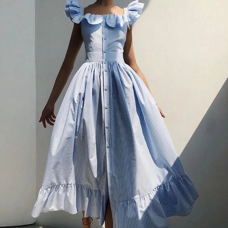 

Striped Square Neck Flutter Sleeve Sweet Dress Women Ruffles Maxi Dresses Summer 2023 Cottagecore Sundress Boho Casual Vocation