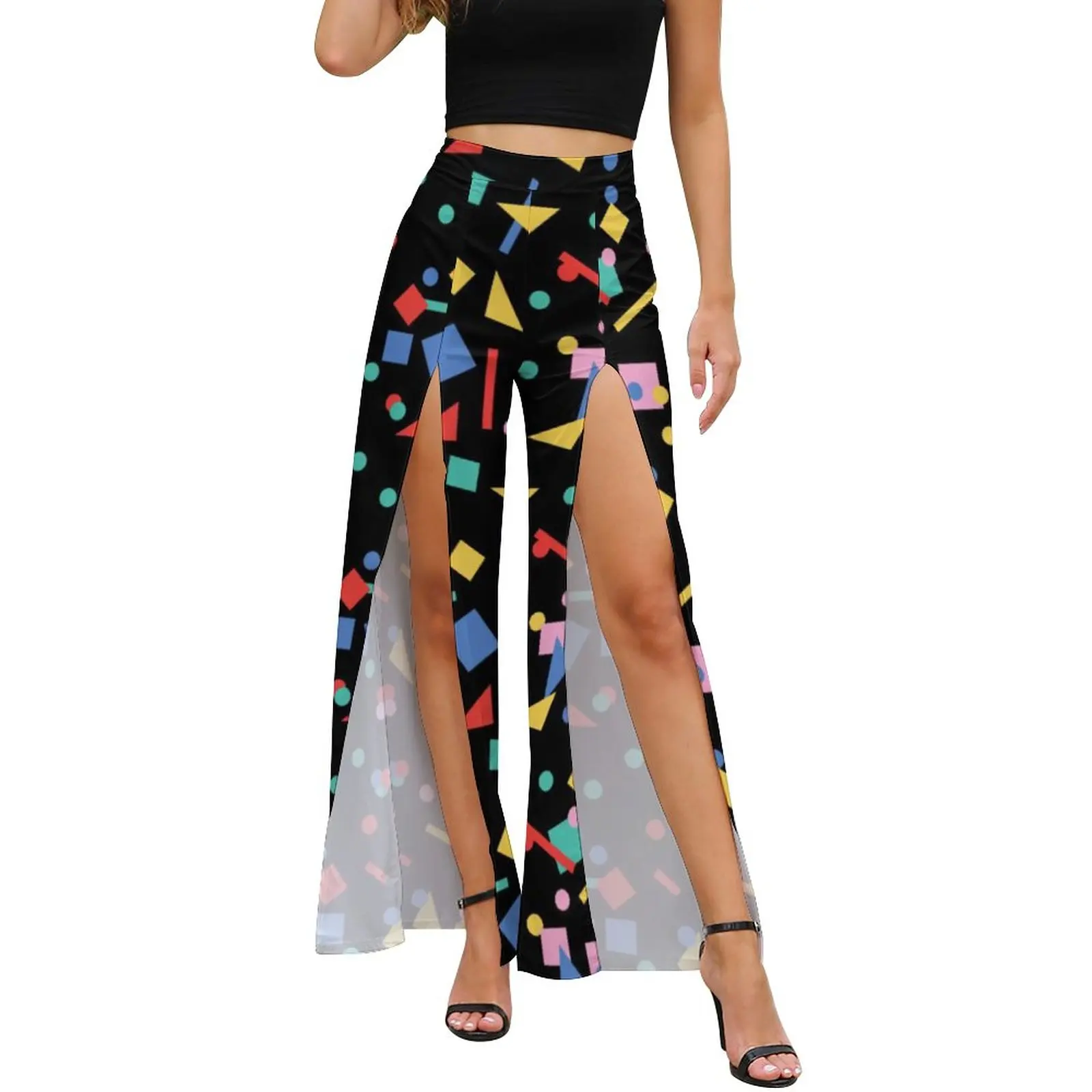 

Retro 80S Design Aesthetic Pants Summer Pop Art Geometric Shapes Casual Wide Leg Pants High Waist Slit Streetwear Print Trousers