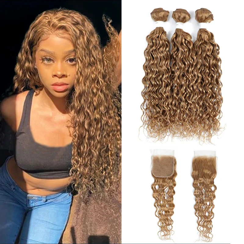 Water Wave Bundles With Closure Brazilian Pre-Colored Hair Weave Bundles With Lace Closure Non-Remy Human Hair Extensions IJOY