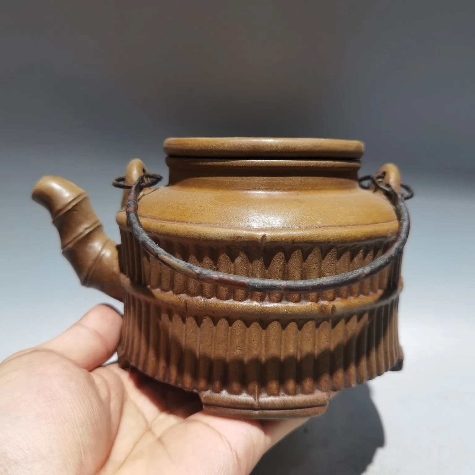 

7"Chinese Yixing Zisha Pottery bundle of bamboo Lifting beam pot teapot purple clay pot kettle part mud Ornaments