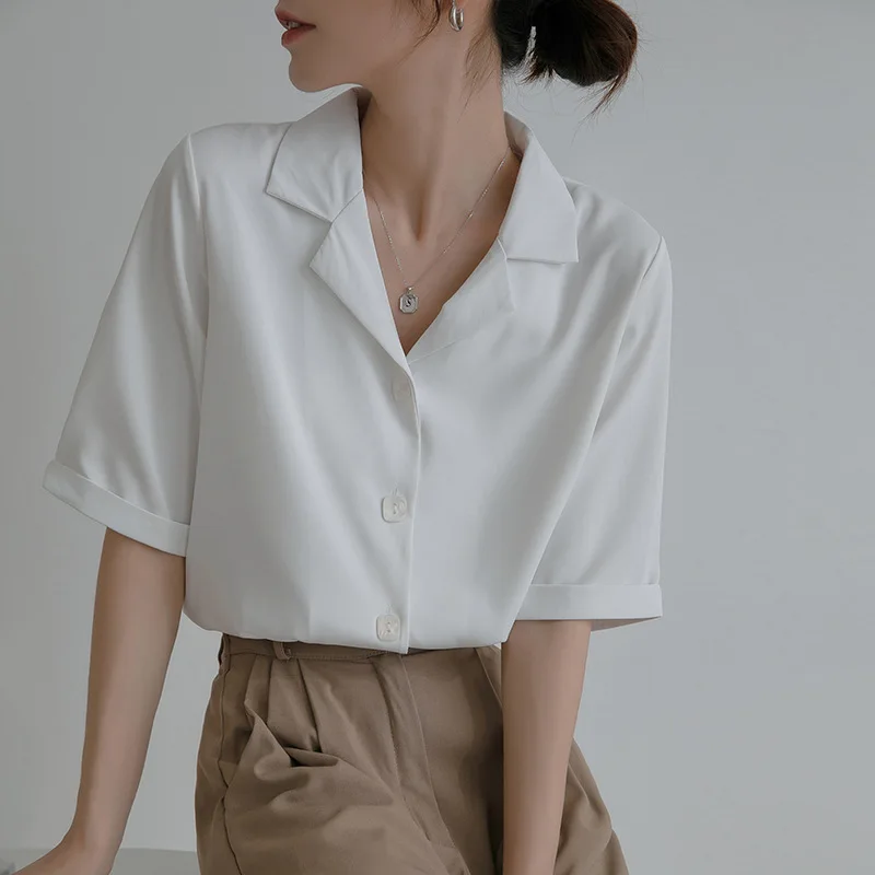 

Summer Chiffon Blouse Women 2023 Fashion Turn-down Collar Short Sleeve Button Up Shirt Office Wear Lady Vintage French Loose Top