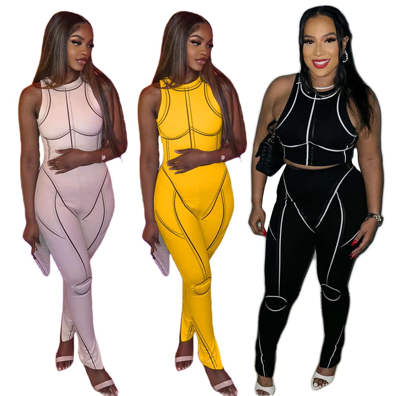 

Fashion Body Lines Patchwork Tracksuit Women Summer Sexy Tank Crop Top Slit Pants Skinny Two Piece Set Casual Streetwear Y2K