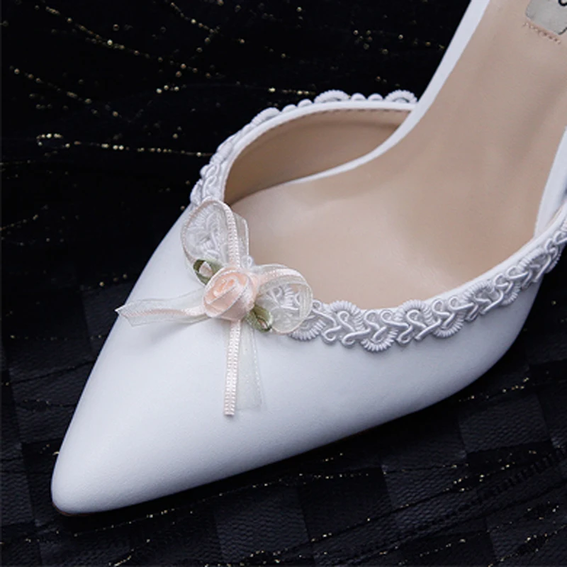 French White Pu Leather Pointed Toe Retro Sandals Lace Bowknot Flower One-button Ankle Strap Stiletto High Heel Bridesmaid Shoes