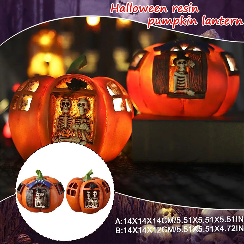 

LED Pumpkin Lights Skeleton Pumpkin Lights Resin Warm Lights Photo Props Flameless Lantern For Halloween Decorations Home P I0F6