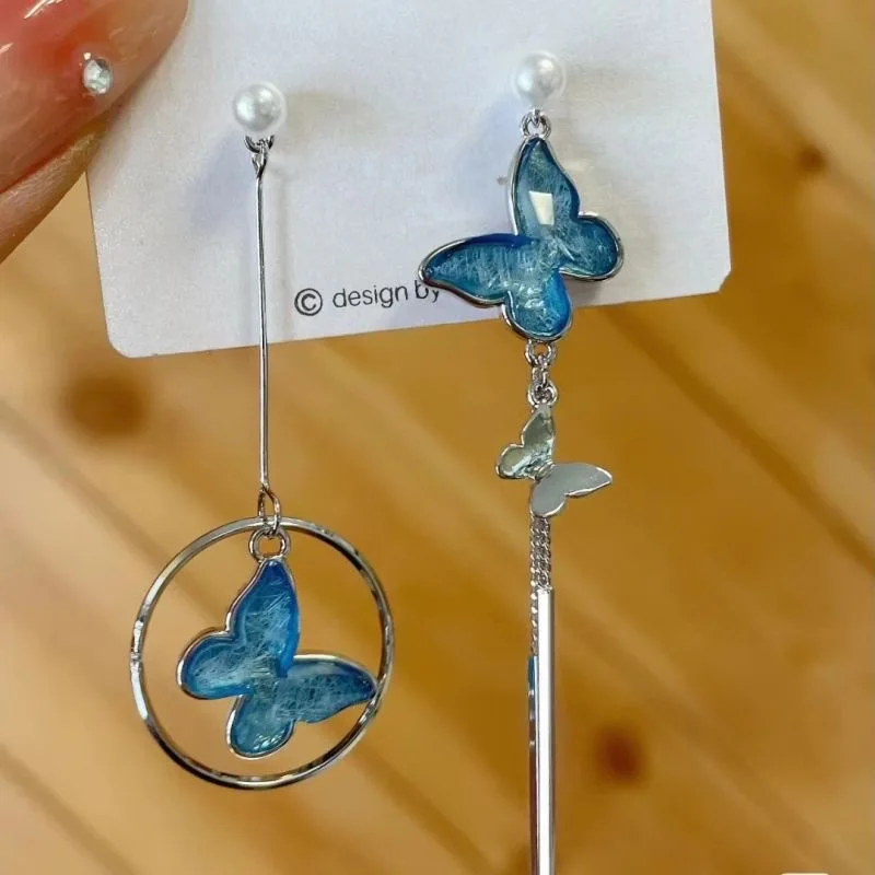 Новые длинные серьги с бабочкой и синими кристаллами для женщин модные