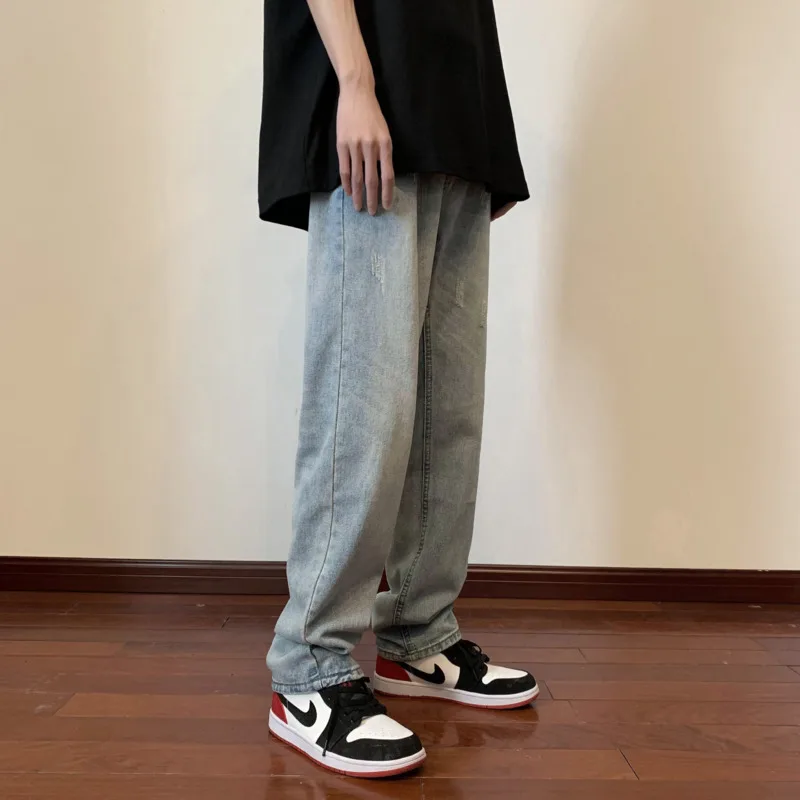 Blue Grey Baggy Jeans Men Fashion Casual Ripped Straight Jeans Men Streetwear Loose Hip Hop Denim Pants Mens Trousers M-2XL