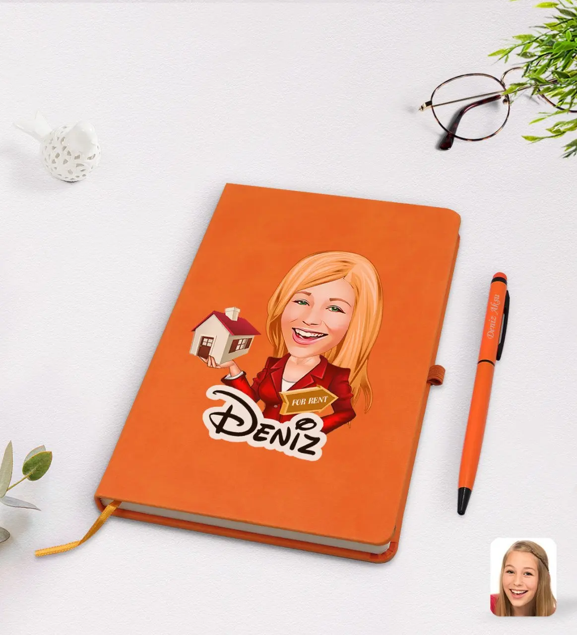 

Personalized women's pacifier cartoon orange thermo leather notebook pen set Model 2