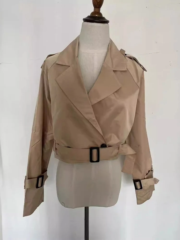 2024 укороченный плащ с поясом весенняя куртка женская винтажная уличная одежда