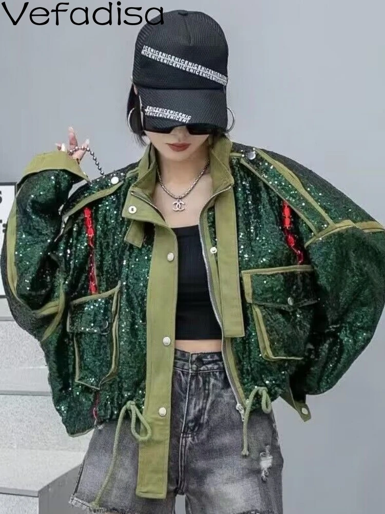 

Vefadisa2023 Summer New Women Green Heavy Studded Pearl Sequin Denim Casual Personalized Loose Trendy Girl Big Pocket Top ZY1778