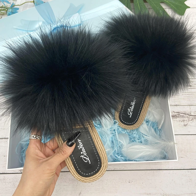 Fur Slippers Woman Flats Faux Straw Sandals Real Raccoon Fox Summer Ladies Light Flip Flops 2022 Fashion New Beach Slides |
