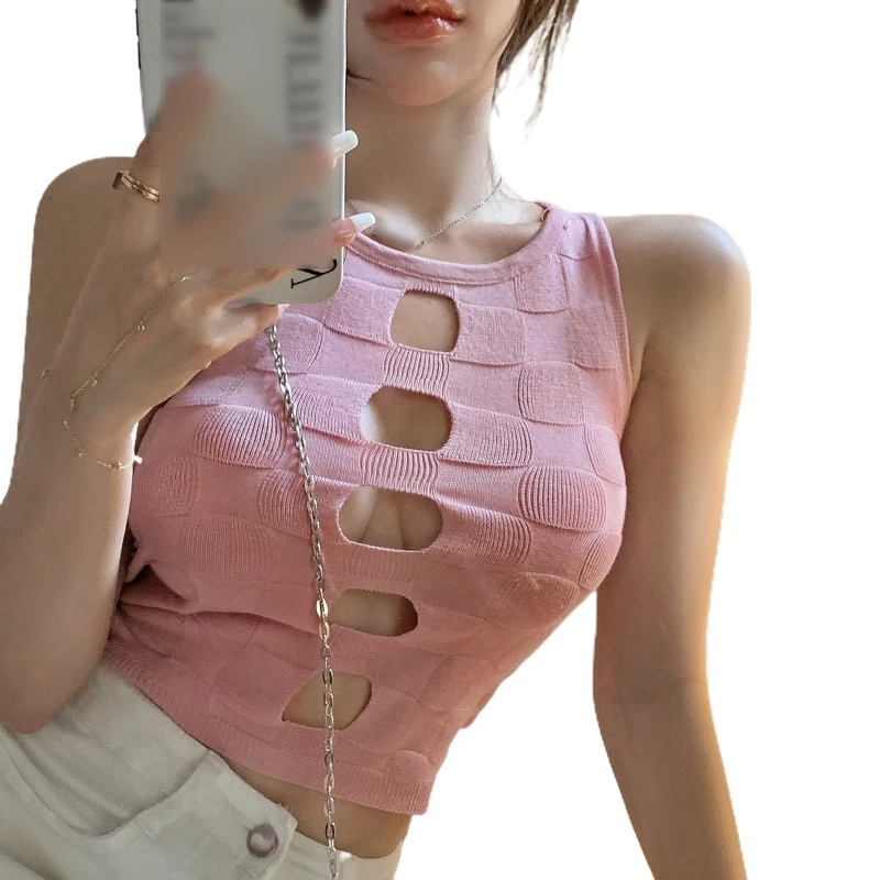 

Fashion Casual Knit Cami Tops Hollow Out Shirt Tee Women All-match Korean Summer Sexy Sleeveless Vest Tank Young Girl