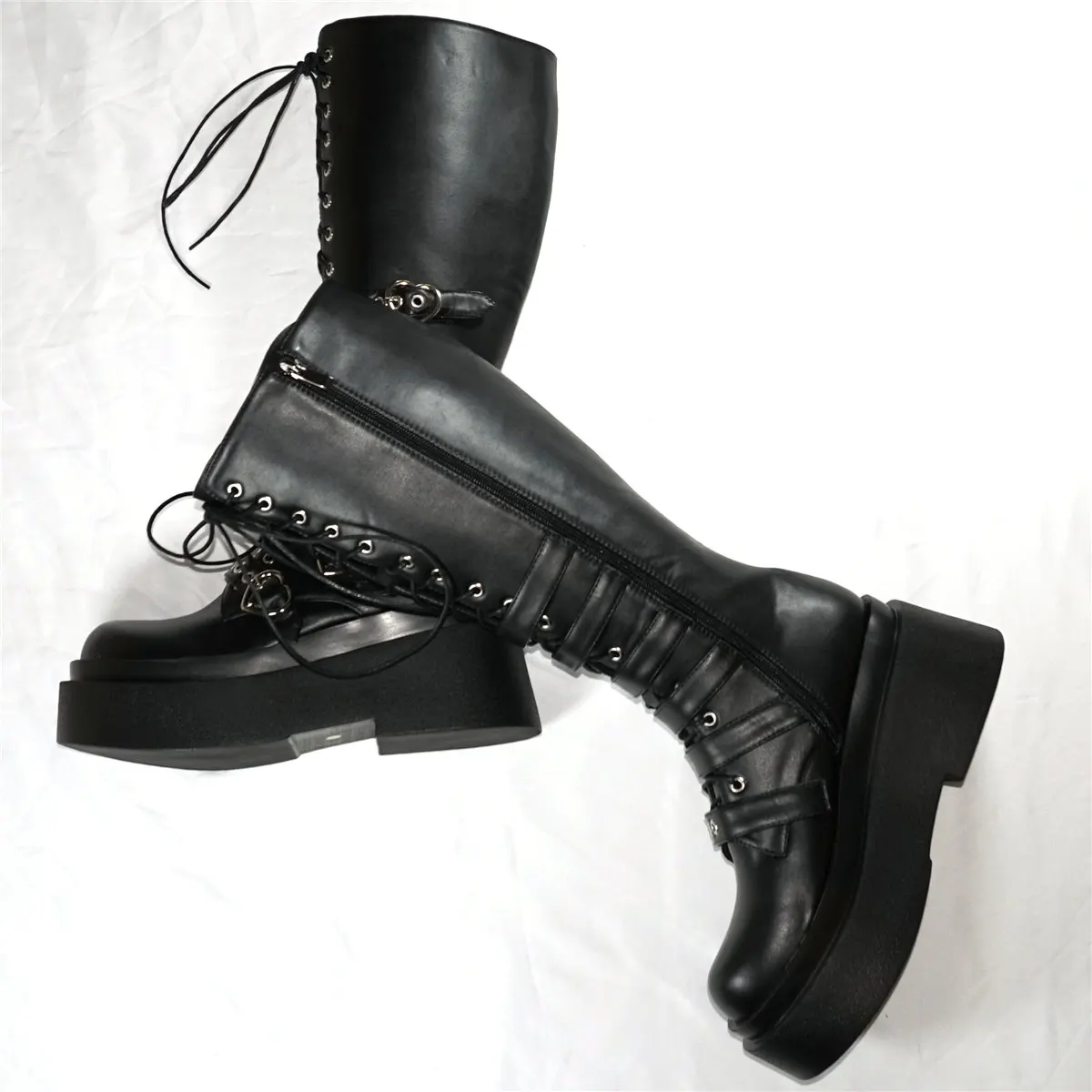 Winter Platform Pumps Shoes Women Lace Up Wedges High Heel Knee High Snow Boots Female Round Toe Fashion Sneakers Casual Shoes