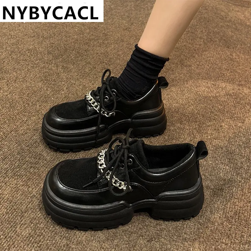 Women Chunky Platform Flat Pumps Women Patent leather Chain Shoes Oxford Shoes Black Casual Thick bottom Round toe Ladies Shoes