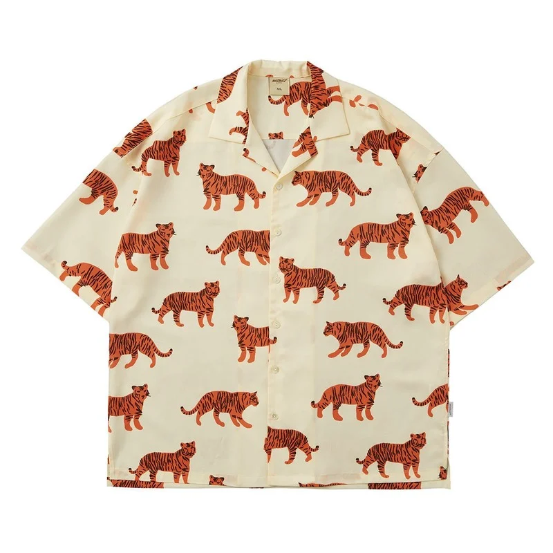 

Tiger Full Print Animal Beach Style Loose Button Up Shirt Men Women Shirts Cuban Collar 2022 Summer Short Sleeve Hawaiian Shirts