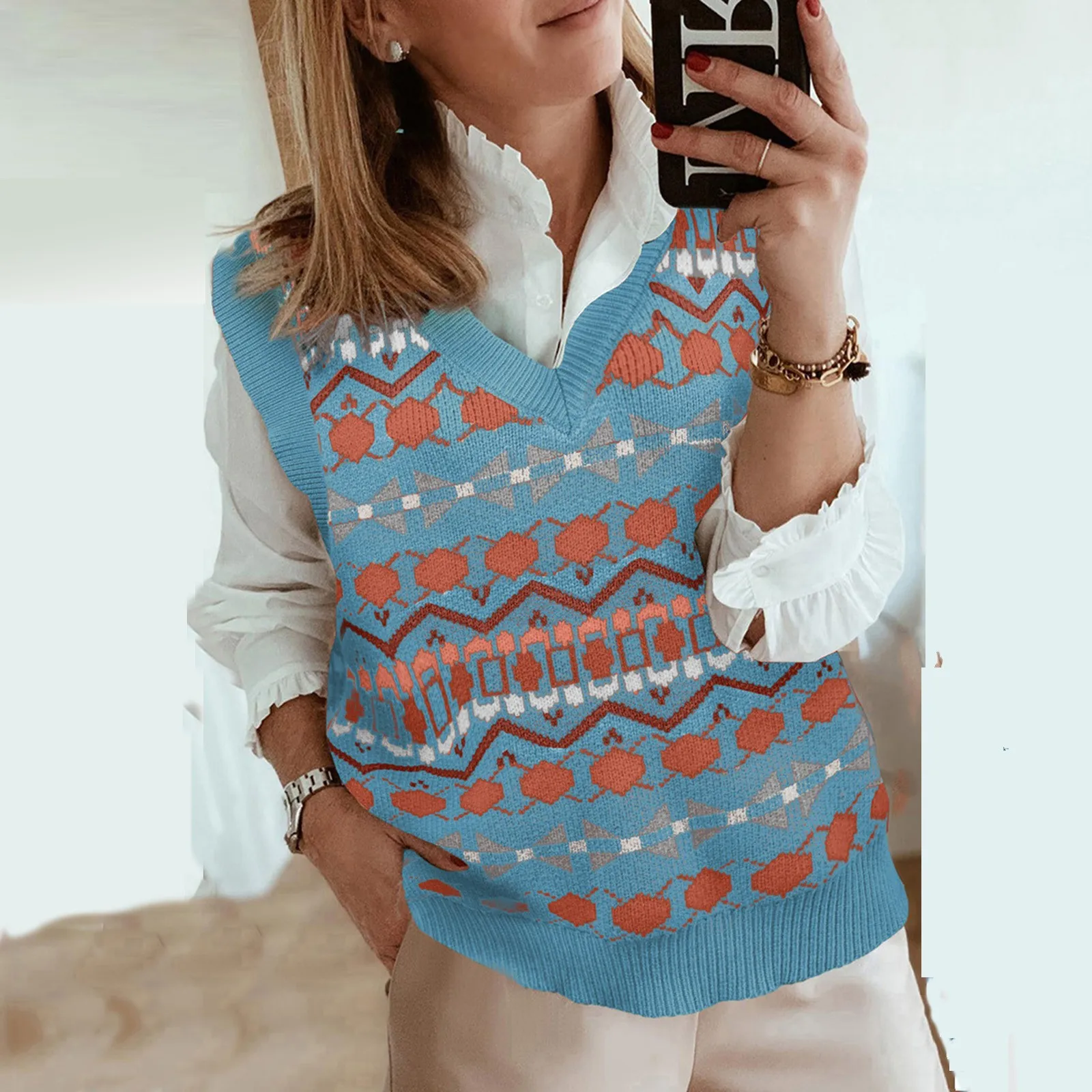 

Female Vintage Jumper Top Spring Autumn Loose Casual V-neck Patchwork Sweater Vest Women Sleeveless Knitting Pullover Tops