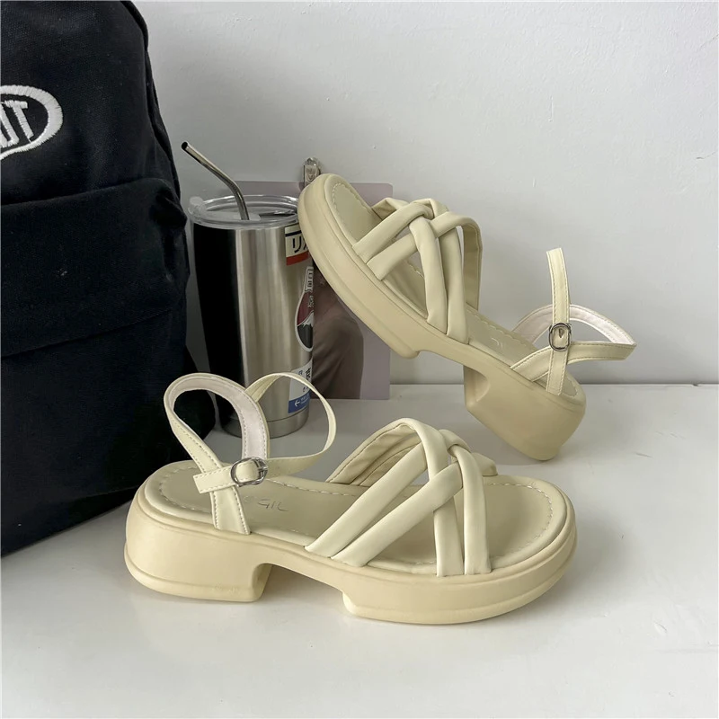 

Sandals women fairy wind 2023 new summer all-match thick heel student fashion net red lace-up fairy wind Roman shoes