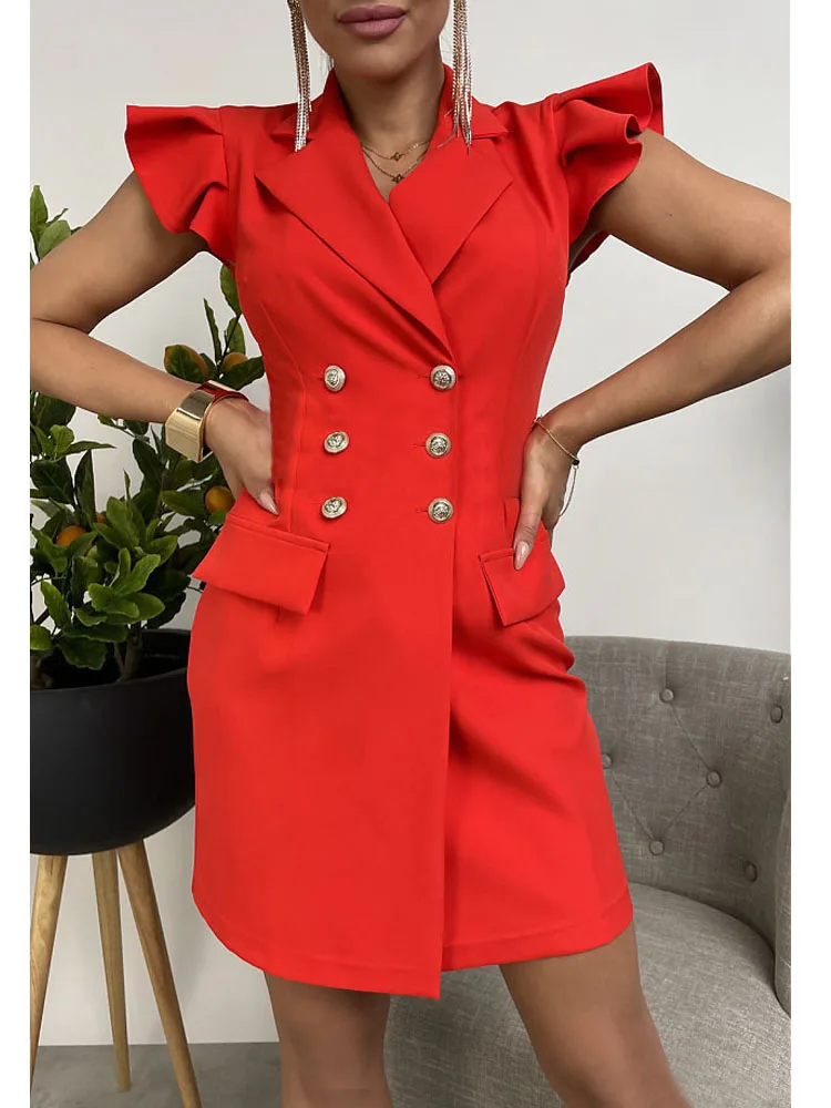 

Office Elegant Solid Blazer Dress Women Fashion Lapel Double Breasted Suit Mini Dress Summer Casual Butterfly Sleeve Party Dress