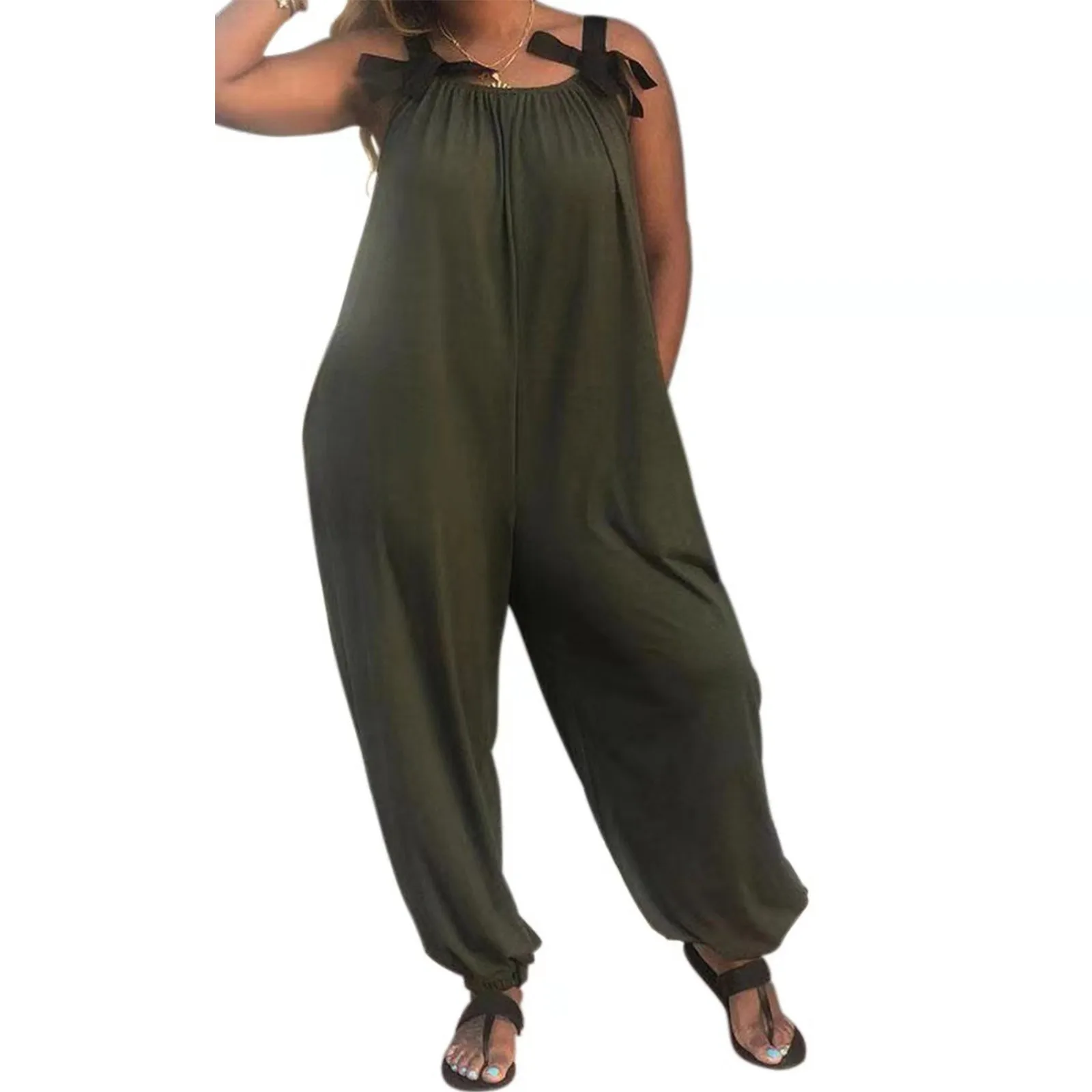 

Spring And Autumn Summer Women's Solid Color Loose Casual Fashion Bow Strap Sling Jumpsuit Lady Casual Outfit
