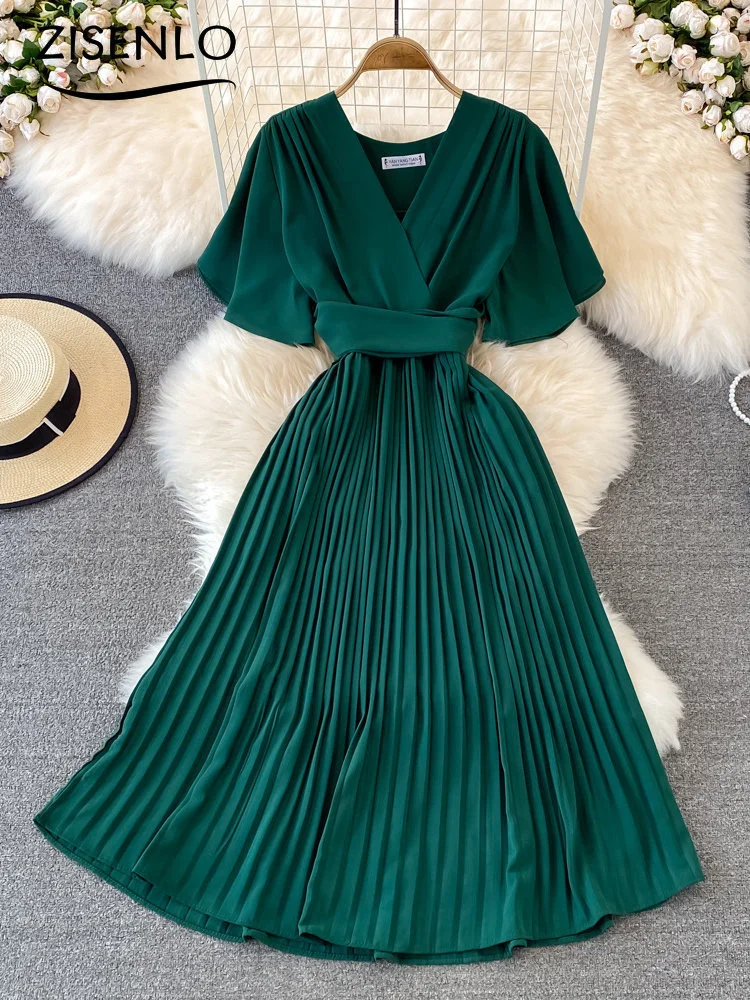 

Formal Women's Dress V-neck Pleated Dress Elegant Temperament Waist Lace-up Hem Long Skirt Office Lady Evening Dresses Vestidos
