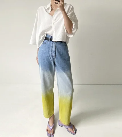 Женские джинсы с высокой талией, джинсы с градиентом на пуговицах, джинсовые брюки, дизайнерская облегающая уличная одежда, мода 2023 года, весенние прямые брюки Y2K
