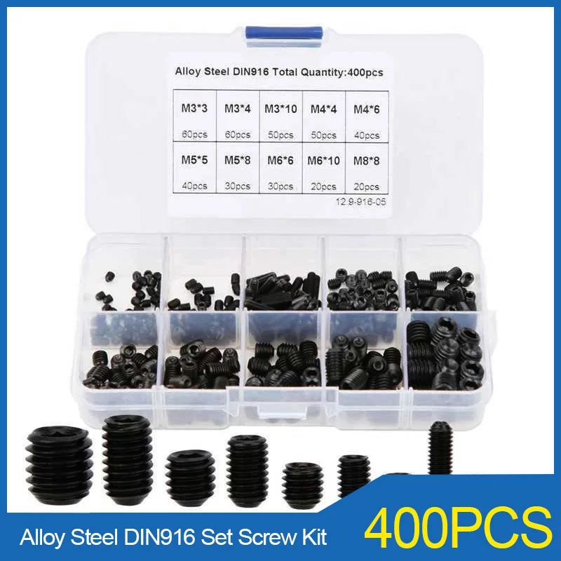 

400PCS DIN916 Set Screw Grub Screw Kit M3 M4 M5 M6 M8 Hex Socket Set Screws Headless Bolt Grade 12.9 Carbon Steel
