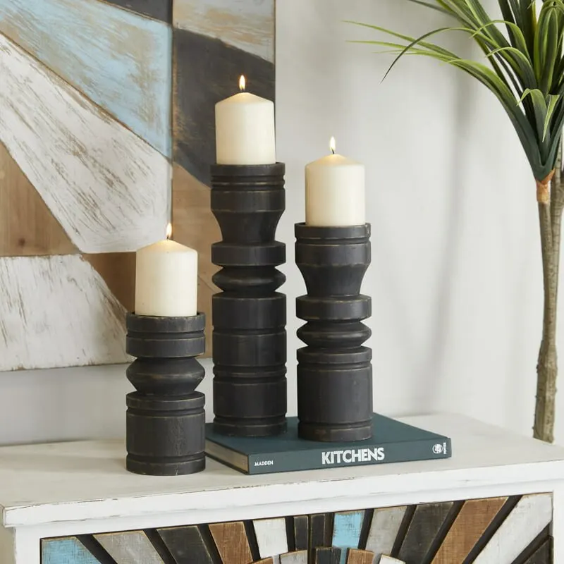 

3 Candle Black Wood Candle Holder, Set of 3 for Home Wedding Table Decoration