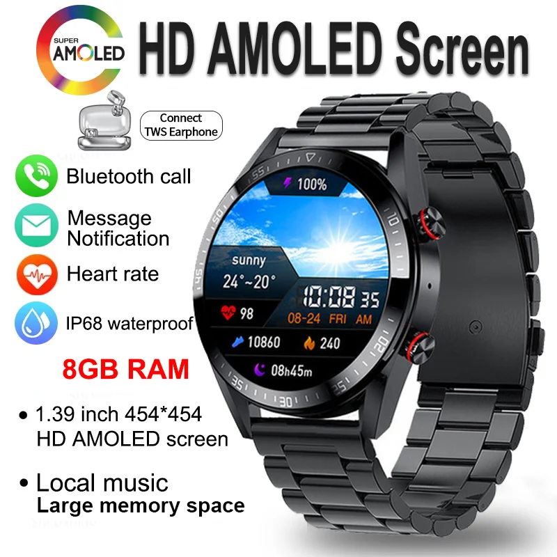 2023 New 8G Memory Smart Watch AMOLED 454*454 HD Always Display The Time Bluetooth Call Smartwatch For Men Huawei TWS Earphones