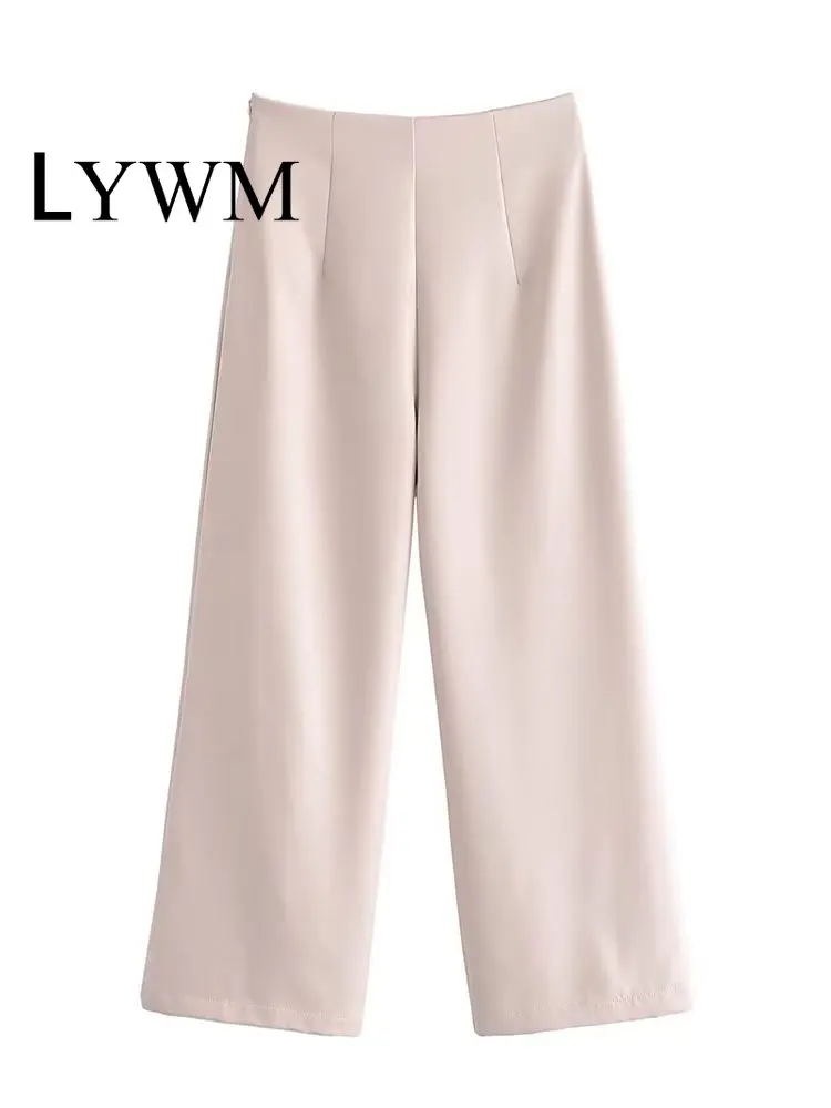 

LYWM Women Fashion Apricot Trousers Vintage Side Zipper High Waist Female Chic Lady Wide Leg Pants