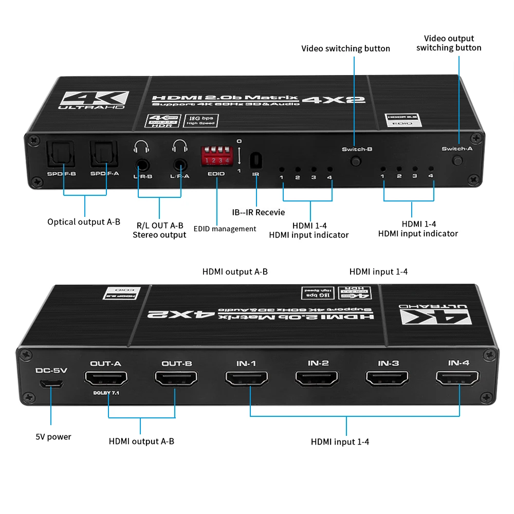 Матричный Коммутатор HDMI 4K @ 60 Гц сплиттер ИК-пульт дистанционного управления 4x2 с