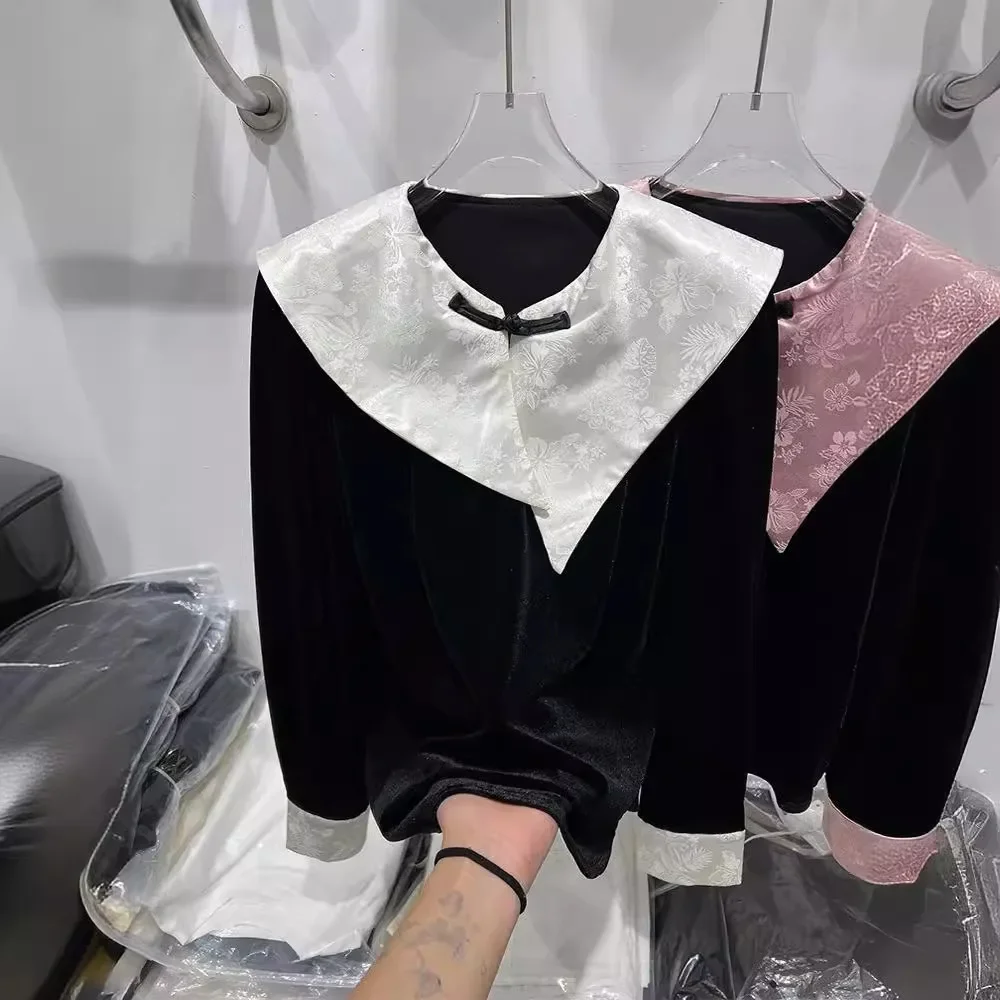 Европейский стиль блокирующий цвет большой лацкан кукольный топ шелковая