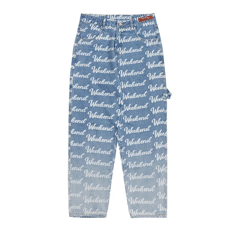 

Hip Hop Men Jeans Full Letters Printing Gradient Grinding White Straight Denim Pants Fashion Loose Jean Casual Trousers Autumn