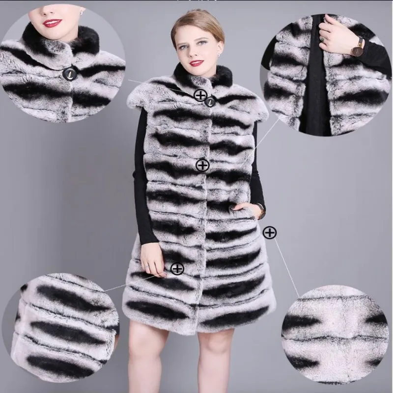 90CM Women Real Rex Rabbit Fur Vest Stand Collar Natural Chinchilla Color Rabbit Fur Waistcoat Sleeveless Jacket images - 6