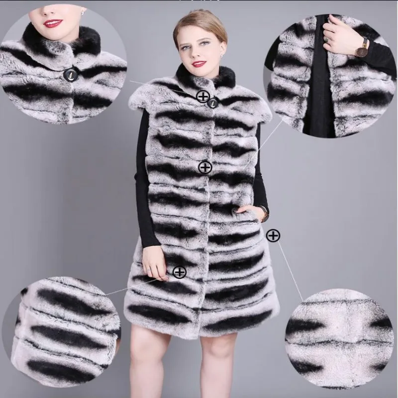 90CM Women Real Rex Rabbit Fur Vest Stand Collar Natural Chinchilla Color Rabbit Fur Waistcoat Sleeveless Jacket