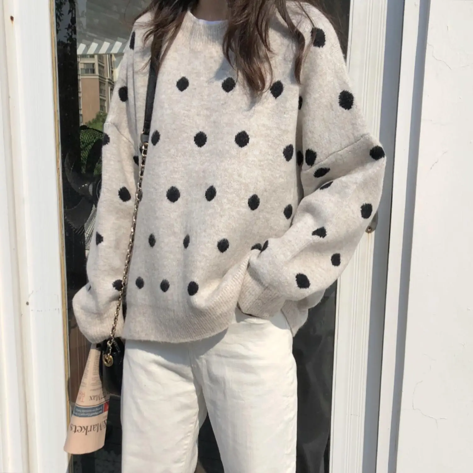 

Пуловер женский в горошек, простой элегантный классический универсальный модный шикарный свитер в Корейском стиле, с круглым вырезом, в сти...