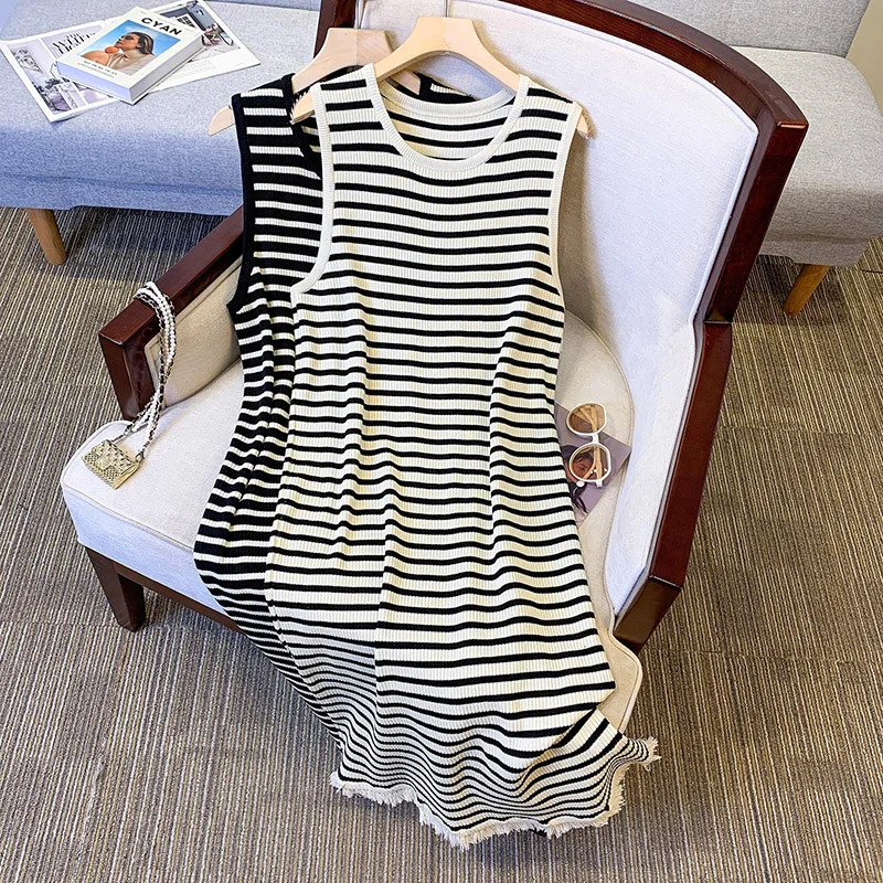 

Striped Knitted Tank Dress for Women Summer Fashion 2023 New Loose Versatile Casual O Neck Sleeveless High Waist Long Dresses