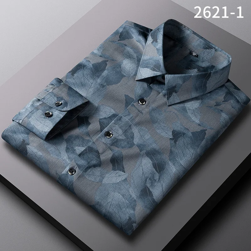 Bamboo Fiber Spring New Long-sleeve Shirt Male Senior Sense Business Slim Print Shirt Mens Shirts Slim Fit Shirt Men Clothing
