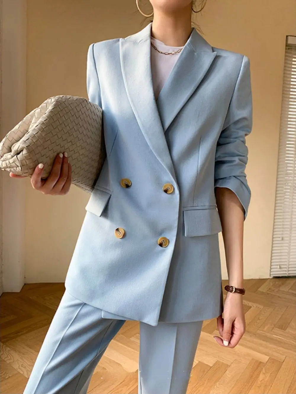 New Korean Fashion Women Blazer Pantsuit Casual Solid Elegant Blazer Jacket Straight Pants 2 Pieces Female Vintage Trousers Suit