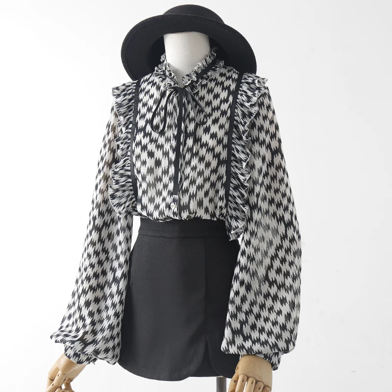 

Printed Chiffon Women Blouse Summer New 2022 Ruffles Lantern Sleeved Bow Neck Loose Office Lady Elegant Outwear Tops