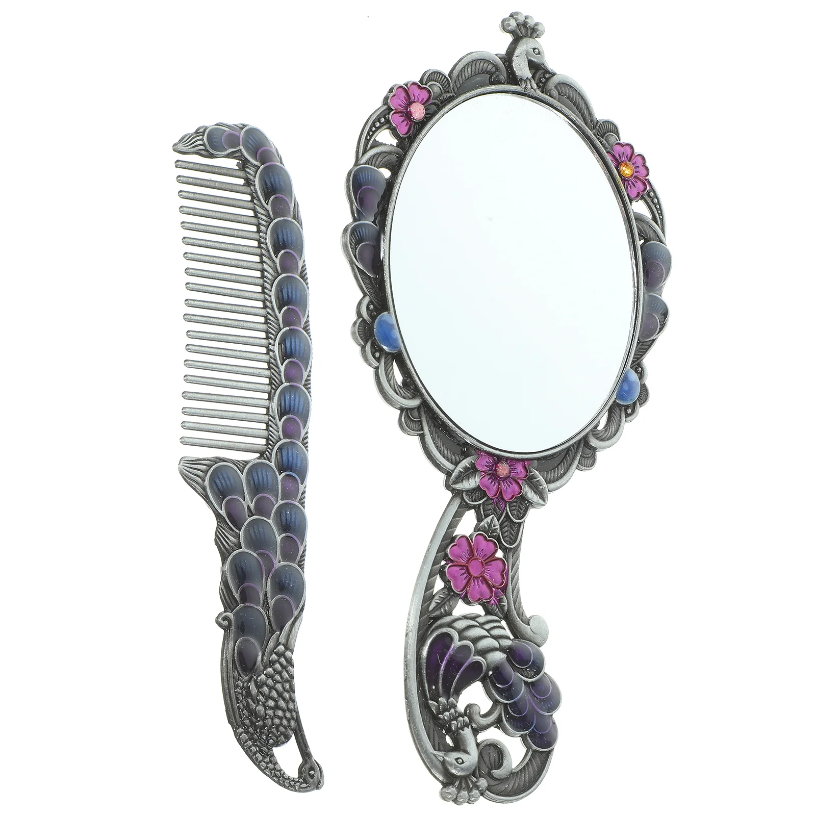 1 Set Small Exquisite Portable Chic Elegant Makeup Mirror Vintage Mirror Comb Handle Mirror Metal Mirror for Women Girl