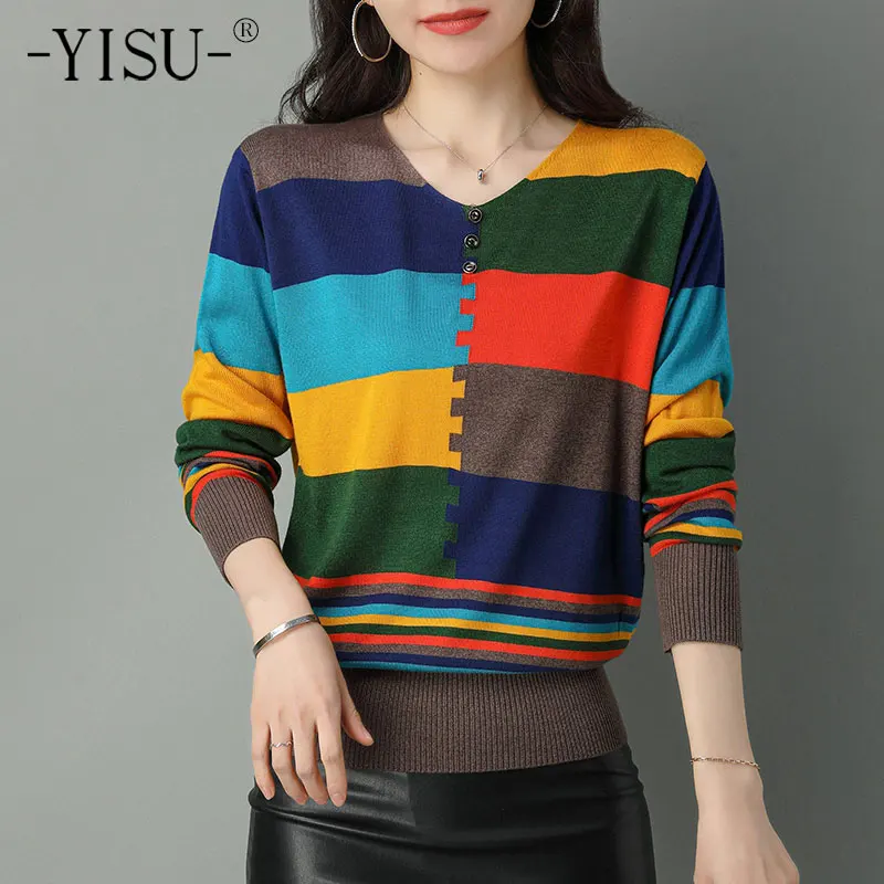 

YISU Spring Sweater Women V-Neck Stitching color Knitted pullove Long sleeve Casual Loose soft Fashion Women clothing 2022